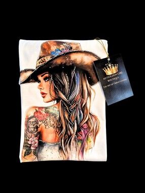 Custom Hand-Rhinestoned Western Cowgirl T-Shirt Baddie Bling ✨🖤